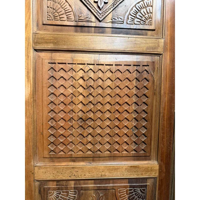 Mid-Century Modern Hand Carved Teak Wood Barn Door Geometric Medallion Three Panel Farmhouse Sliding Door 96x36 For Sale - Image 3 of 8