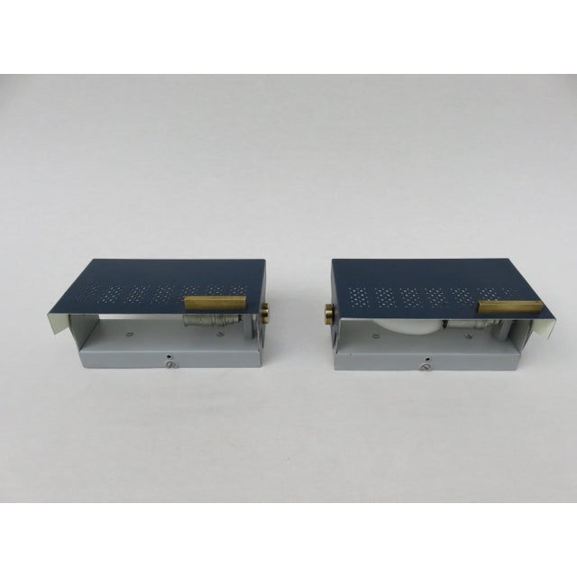 Cubist wall lights, 1960s, brass, blue and gray painted metal, set of 2 The lampshades can be swiveled via a joint,...