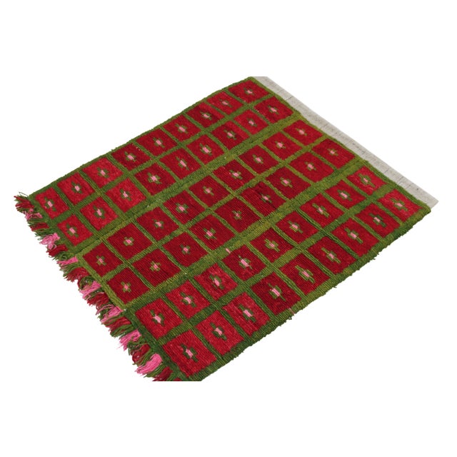 Tribal 1950s Vintage Tulu Rug in Red, Green, Pink Geometric Pattern For Sale - Image 3 of 6