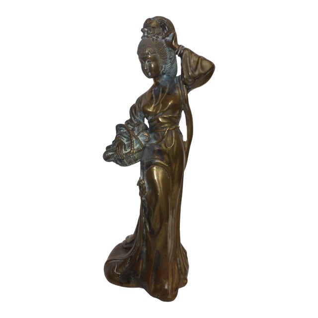 Vintage Asian Woman Figurine Holding Basket Bronze Sculpture For Sale