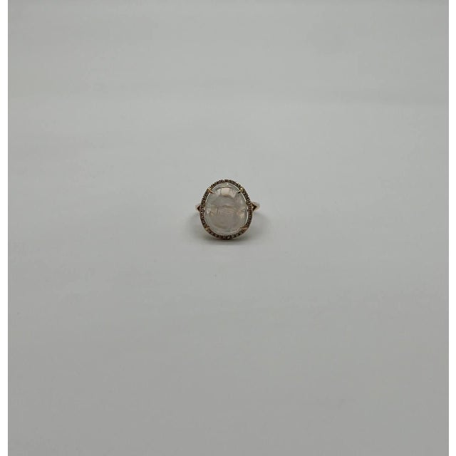 Gold White Moonstone Diamonds Halo Set 14 Yellow Gold Statement Unique Cocktail Ring, Size 6 For Sale - Image 8 of 11