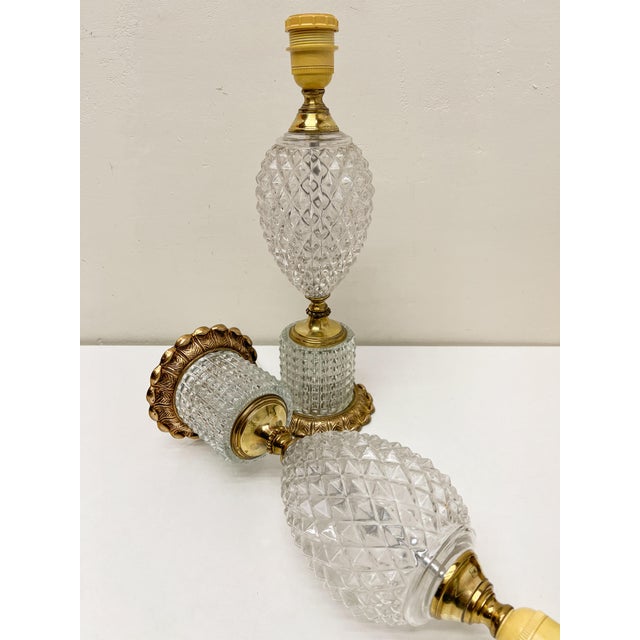 Glass Cut Glass-Crystal & Brass Table Lamps in Pineapple Shape, 1960s, Set of 2 For Sale - Image 7 of 17