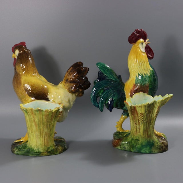 1910s Pair of Jerome Massier Hen & Rooster Vases For Sale - Image 5 of 12