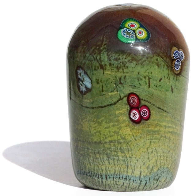 Late 20th Century Murano Opal Chalcedony Millefiori Flower Murrines Vintage Italian Art Glass Paperweight With Labels For Sale - Image 5 of 8