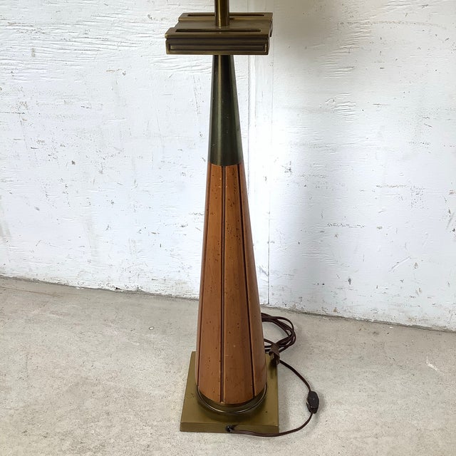 Mid 20th Century Sculptural Mid-Century Modern Walnut and Brass Table Lamp With Oversized Drum Shade For Sale - Image 4 of 12