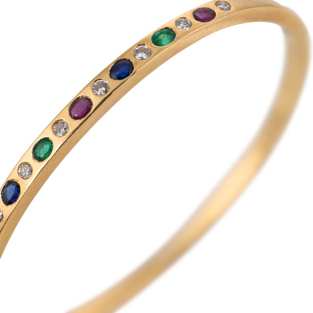 Vintage Diamond Ruby Emerald Sapphire 14k Yellow Gold Bangle For Sale - Image 4 of 8