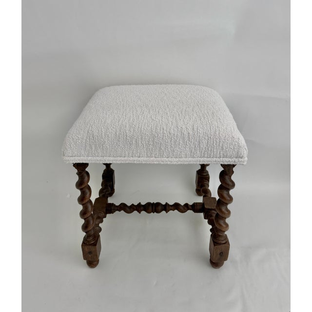 19th C French Louis XIII Style Walnut Stool W/ New Boucle Textile For Sale - Image 9 of 15