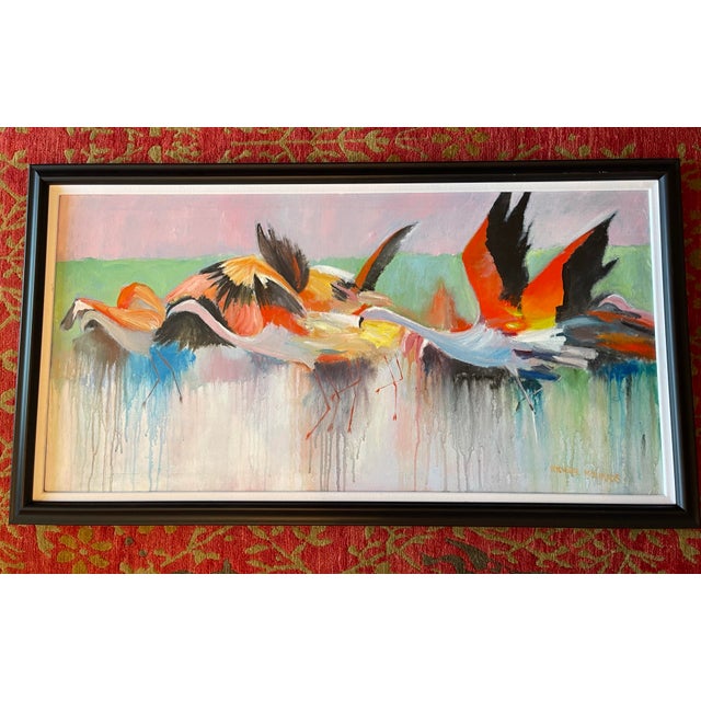 “Flamingos in Flight” | Large Abstract Flamingo Painting by Michael Moulton, 44” W For Sale - Image 10 of 12