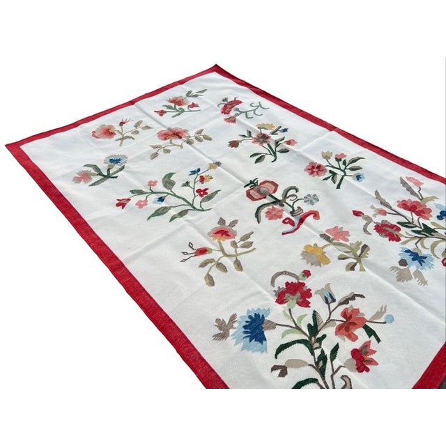 White Handmade Cotton Flower Patterned Rug Cream With Blue Green Beige & Red Border -8'x10' For Sale - Image 8 of 11
