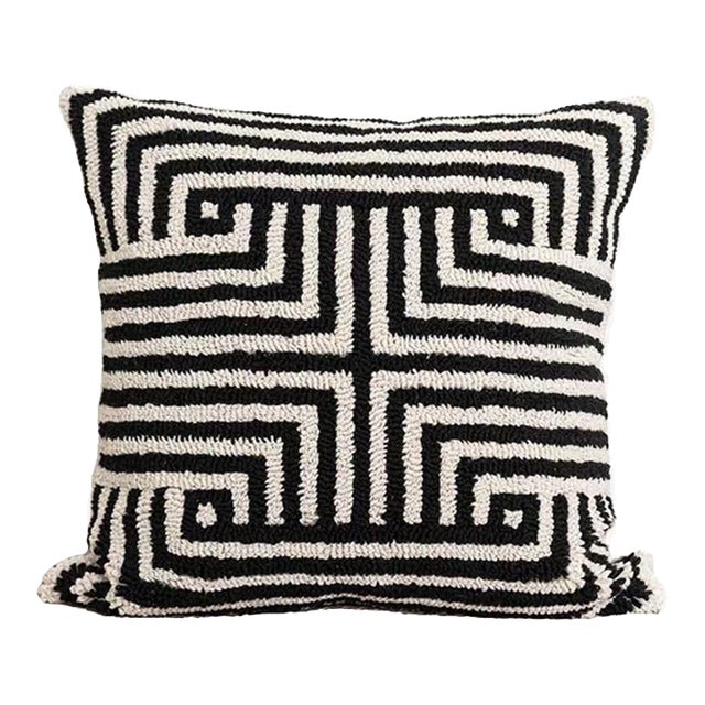 Minimalist Geometric Pillow With Black and White Checkered Weave, 19 Inches For Sale