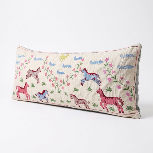 Mid-Century Modern Pink Horse Suzani Lumbar Pillow Cover 18'' X 53'' For Sale - Image 3 of 4