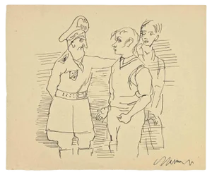 Mino Maccari, Police and Guys, Ink Drawing, 1947