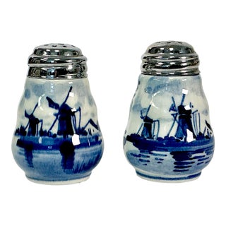 1940s Vintage Delft Rustic European Salt & Pepper Shakers - A Pair For Sale