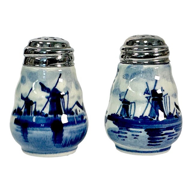 1940s Vintage Delft Rustic European Salt & Pepper Shakers - A Pair For Sale