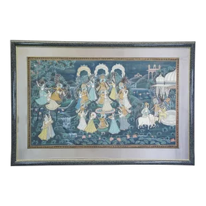 Monumental Indian Pichhwai Painting Silk Radha Krishna Music Dancing Gopis 83"