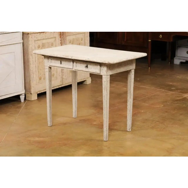 French Danish 1800s Painted Wood Console Table with Two Drawers and Fluted Motifs For Sale - Image 3 of 13