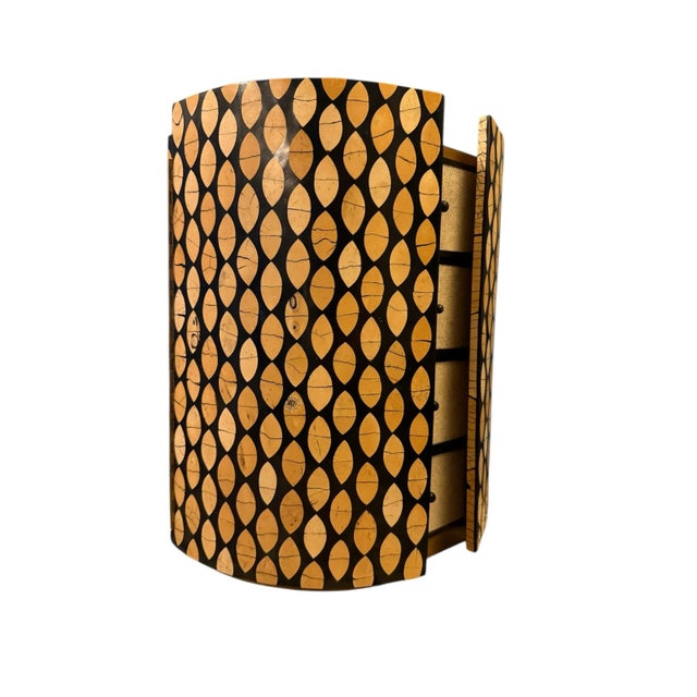 Stunning and rare jewelry box from R & Y Augousti. Inlaid bamboo marquetry, creating a striking geometric pattern, adorns...