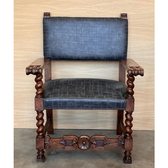 19th Spanish Carved Walnut Armchair with New Black Leather and Solomonic Columns For Sale - Image 16 of 18