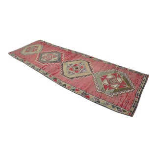 Vintage Anatolian Wool Runner, Hand-Woven Rug With Vibrant Pink and Geometric Motifs For Sale