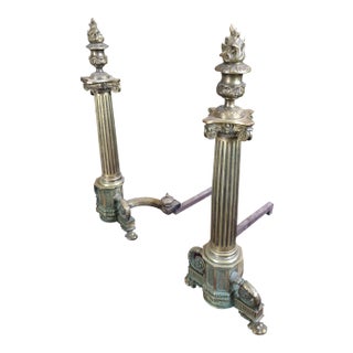 1900 Neoclassical Brass Pillar Fireplace Andirons - a Pair For Sale
