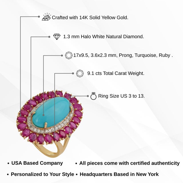 14k Yellow Gold 9.1ct Oval Cabochon Turquoise & Diamond Ruby Ring Size 5 For Sale - Image 13 of 18