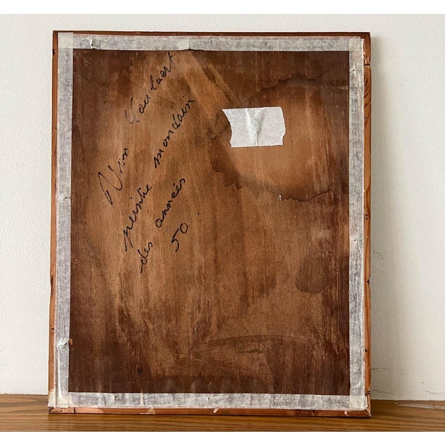 Acquired in France, a lovely expressionist portrait oil painting of a woman. The woman is wearing a suit and pearls and is...