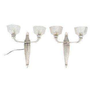 Art Deco Silver-Plated Bronze Wall Sconces with Glass Shades, 1930, Set of 2 For Sale