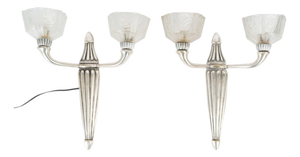 Art Deco Silver-Plated Bronze Wall Sconces with Glass Shades, 1930, Set of 2