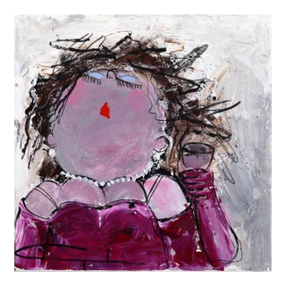 Drinking Sarah - Figurative Portrait Purple Textured Acrylic Painting on Canvas Original Artwork by Gerdine Duijsens For Sale