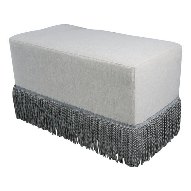 Restoration Hardware Linen Upholstered Ottoman Bench Seat Stool Tassels 31" For Sale