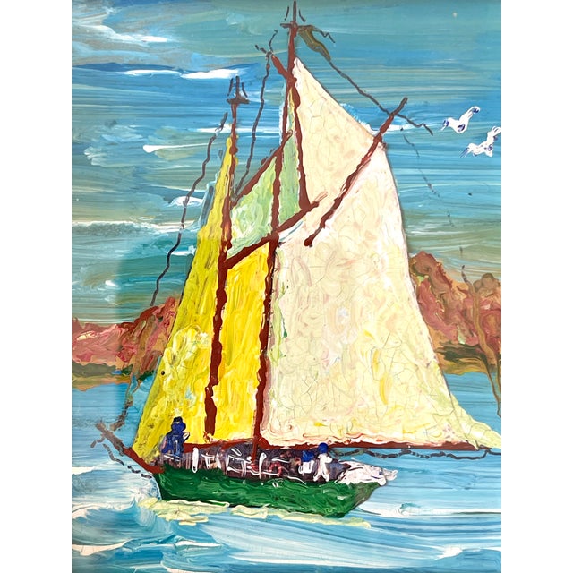 Nautical Petite Vintage Expressionist Sailboat Seascape in Amazing 2-Tone Double Frame, Glazed For Sale - Image 3 of 13