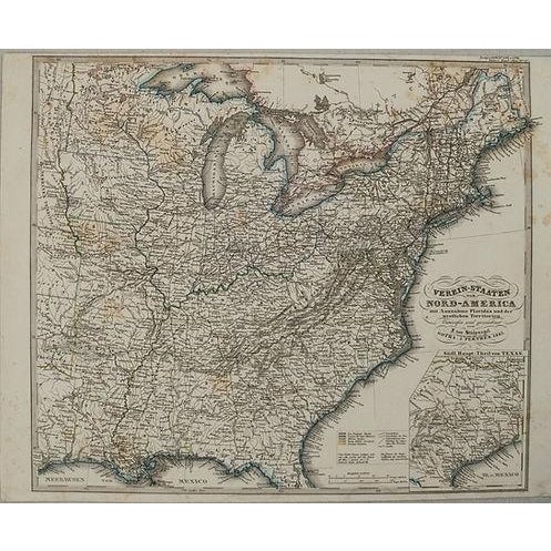 This is an excellent German map of the US. The regions of the US are color outlined, i.e. New England. Inset is Texas....
