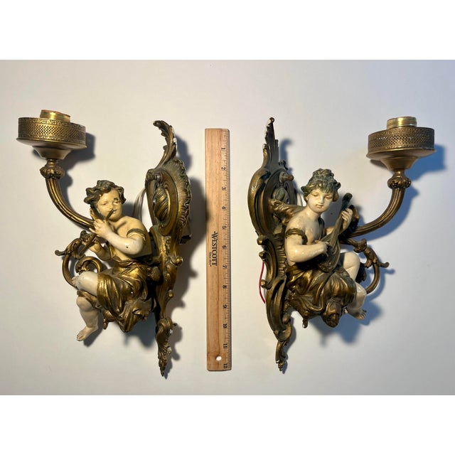 Metal 19th Century Antique French Rococo Belle Epoque Bronze Wall Sconces -Set of Two For Sale - Image 7 of 7