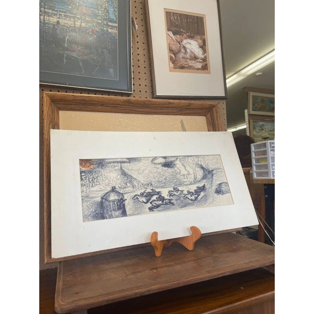 Vintage Signed Abstract Ink Drawing of Horse Race For Sale - Image 10 of 10