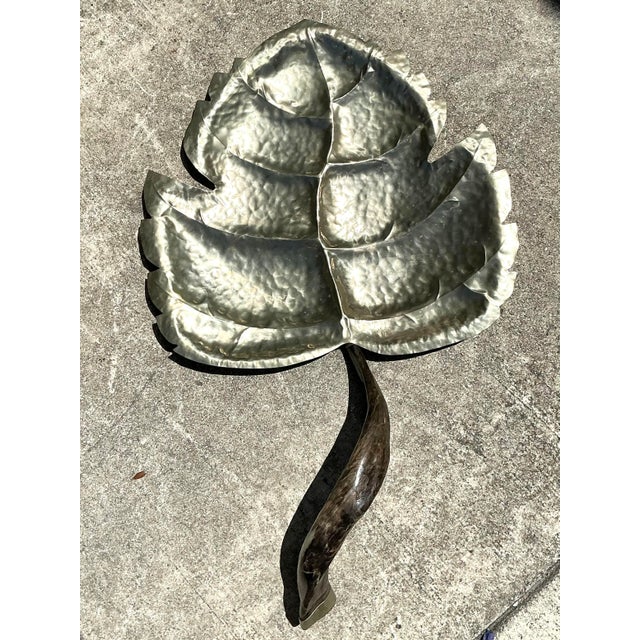 Late 20th Century Vintage Hammered Metal Leaf Tray With Horn Handle For Sale - Image 5 of 12