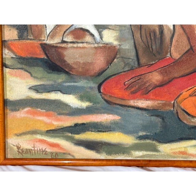 1960s Bold 1960 Oil Painting by Leontine – “Tribal Women in Daily Life” – Large, Vibrant, and Framed For Sale - Image 5 of 5