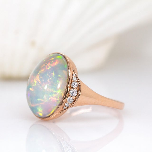 7.11cts Ethiopian Opal W Natural Diamond Accents Ring in 14k Solid Gold |17x13mm For Sale - Image 4 of 7