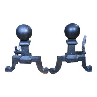 Vintage Federal Style Brass Cannonball Andirons—A Pair For Sale