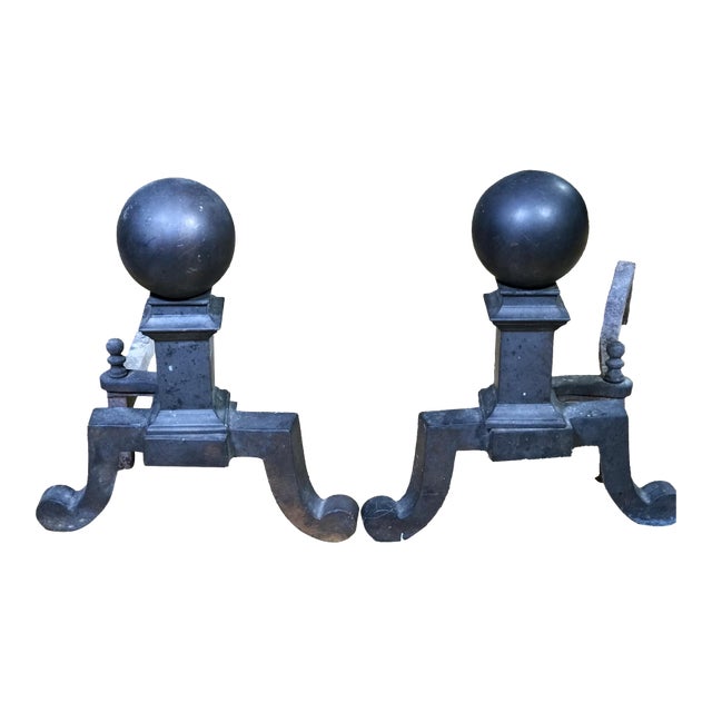 Vintage Federal Style Brass Cannonball Andirons—A Pair For Sale