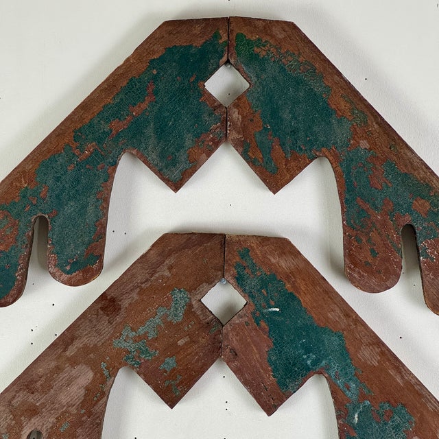 Early 20th Century Vintage Pair of Salvaged Western Native Design Wood Elements With Remnant Paint For Sale - Image 5 of 15