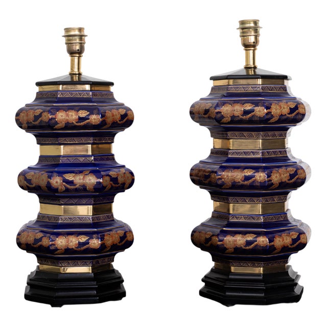 Hand-Painted Blue and Gilt Ceramic Table Lamps, 1960s, Set of 2 For Sale