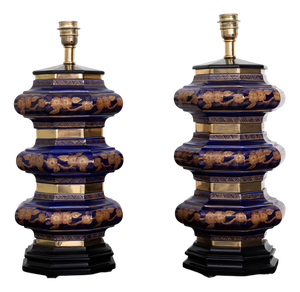 Hand-Painted Blue and Gilt Ceramic Table Lamps, 1960s, Set of 2