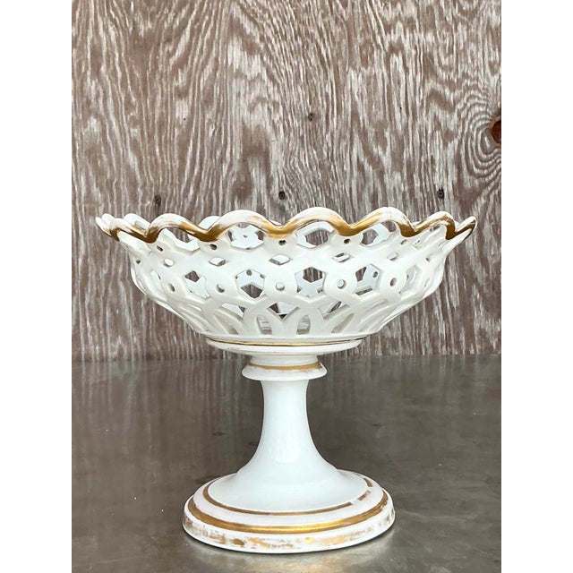 Traditional Vintage Regency Reticulated Pierced Porcelain Compote For Sale - Image 3 of 8