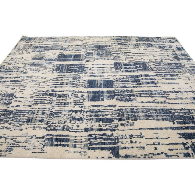 Contemporary Texture Handmade Ivory & Blue Abstract Wool Rug Chairish