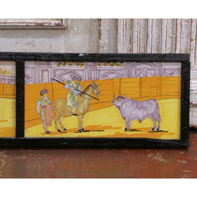19th Century Spanish Painted Bullfighting Tile Frieze in Wooden Frame For Sale - Image 9 of 11