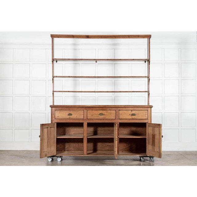 Large 19thc english pine waterfall dresser together w206.5 x d48.5 x h245.5 cm base w206.5 x d48.5 x h101.5 cm base...