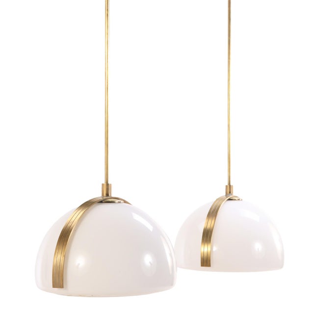 Brass and White Glass Dual-Pendant Light, C. 1960 For Sale - Image 4 of 4