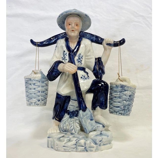Vintage Blue and White Porcelain Asian Figurine Carrying Baskets For Sale - Image 13 of 13