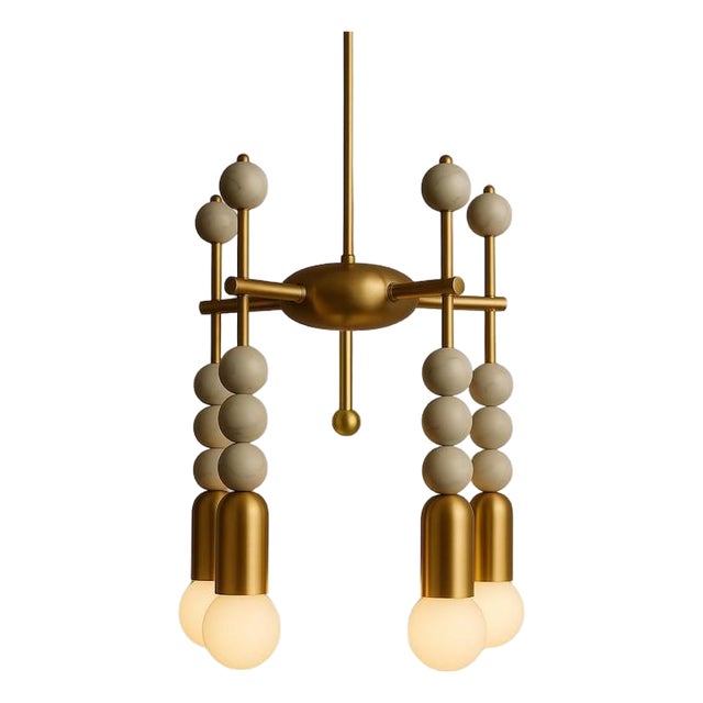 Handmade Brass Pendant Light, Marble Accent Ceiling Lamp, Art Deco Mid Century Fixture For Sale