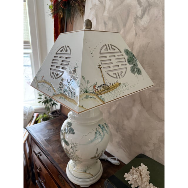 Vintage Chinese Export Ceramic Table Lamp Hand Painted Chinoiserie With Matching Shade For Sale - Image 9 of 12